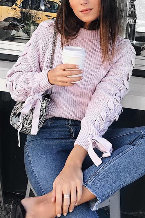 Sweet Round Neck Long Sleeve Strap Sweater-Pinkami