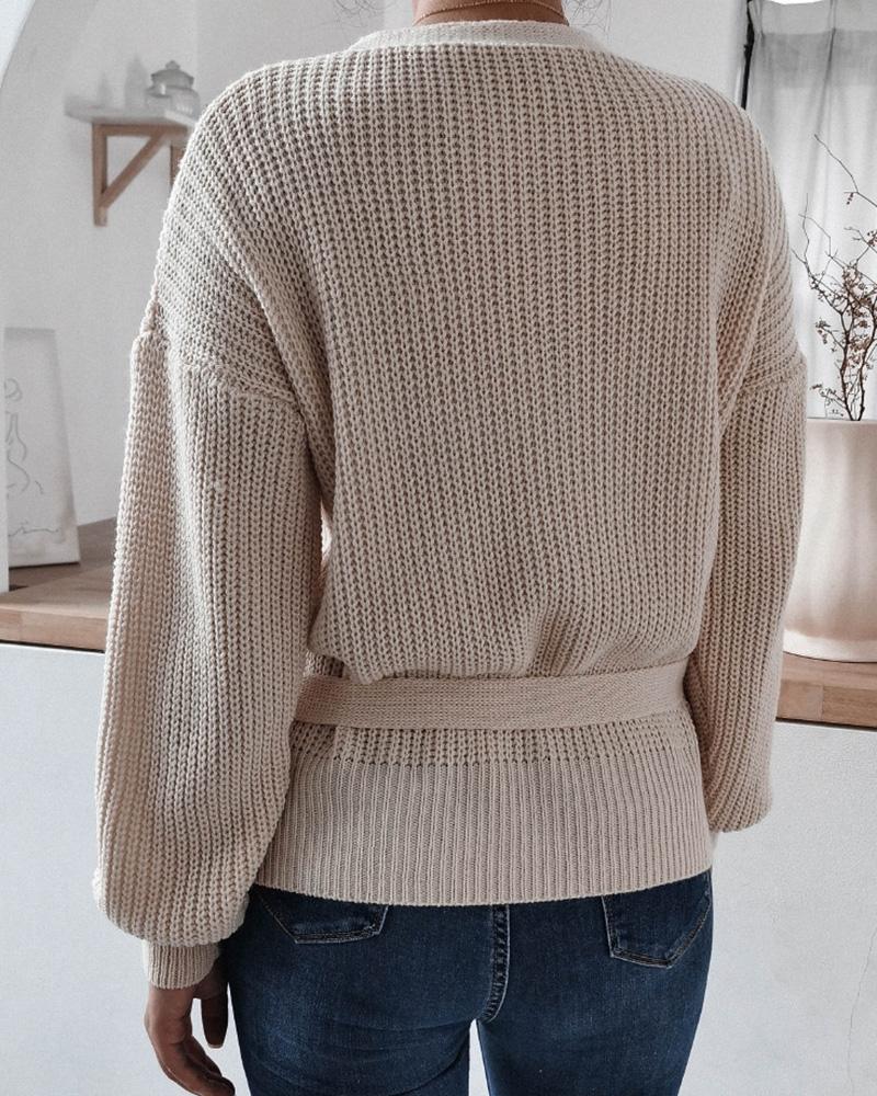 Solid Rib-Knit Surplice Tie Side Sweater-Pinkami