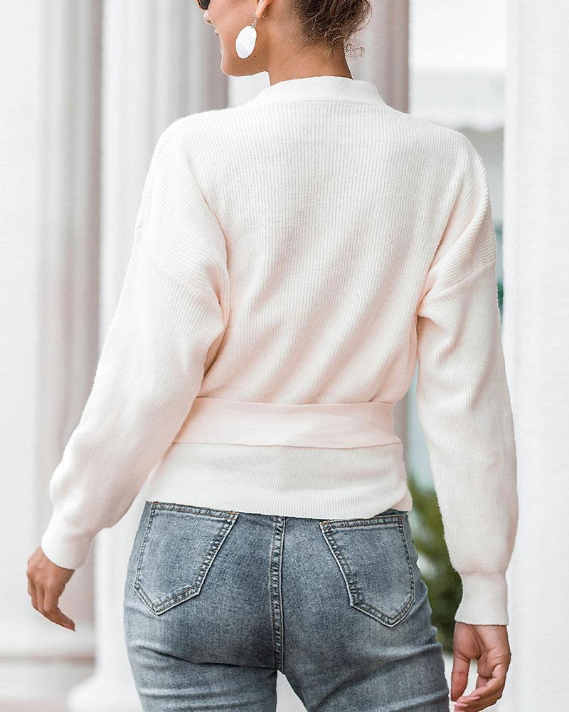 Rib-knit Belted Decor Button Trim Surplice Neck Sweater-Pinkami