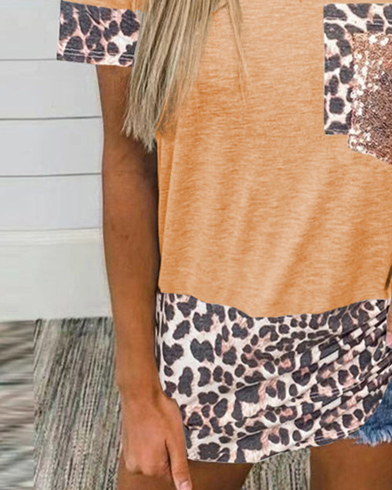 Contrast Leopard Sequin Patched Pocket T-Shirt-Pinkami
