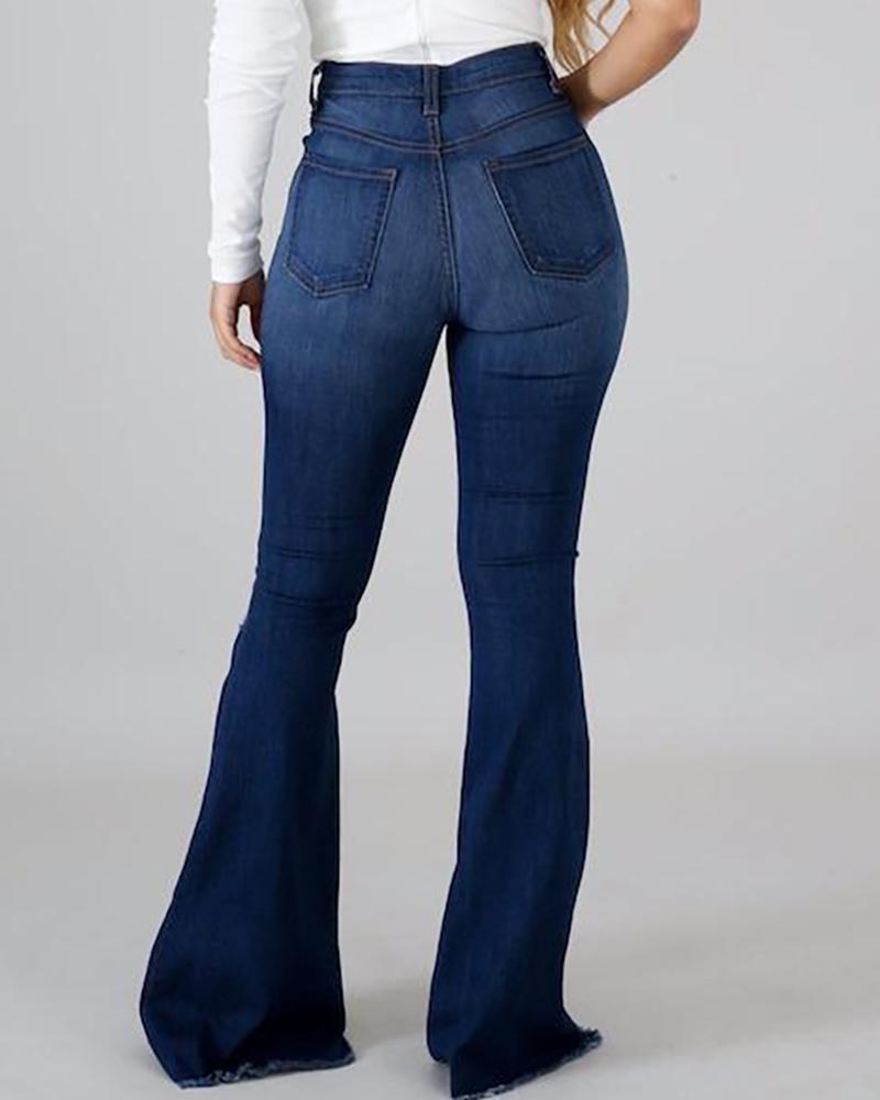 Women High Waist Ripped Flare Leg Jeans-Pinkami