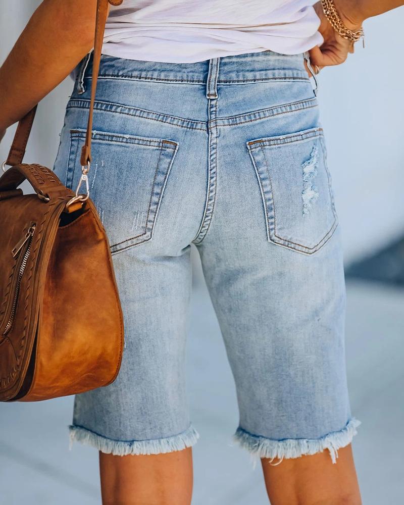 Women Washed Ripped Raw Hem High Waist Bermuda Demin Shorts-Pinkami