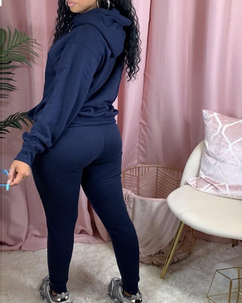 Solid Kangaroo Pocket Drawstring Hoodie & Pants Set-Pinkami