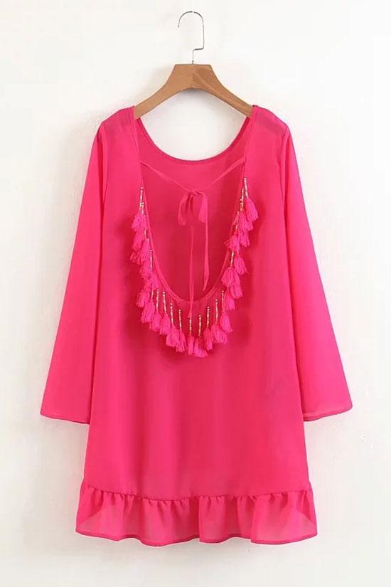 Sexy Fringe Self Tie Back Cover Up-Pinkami