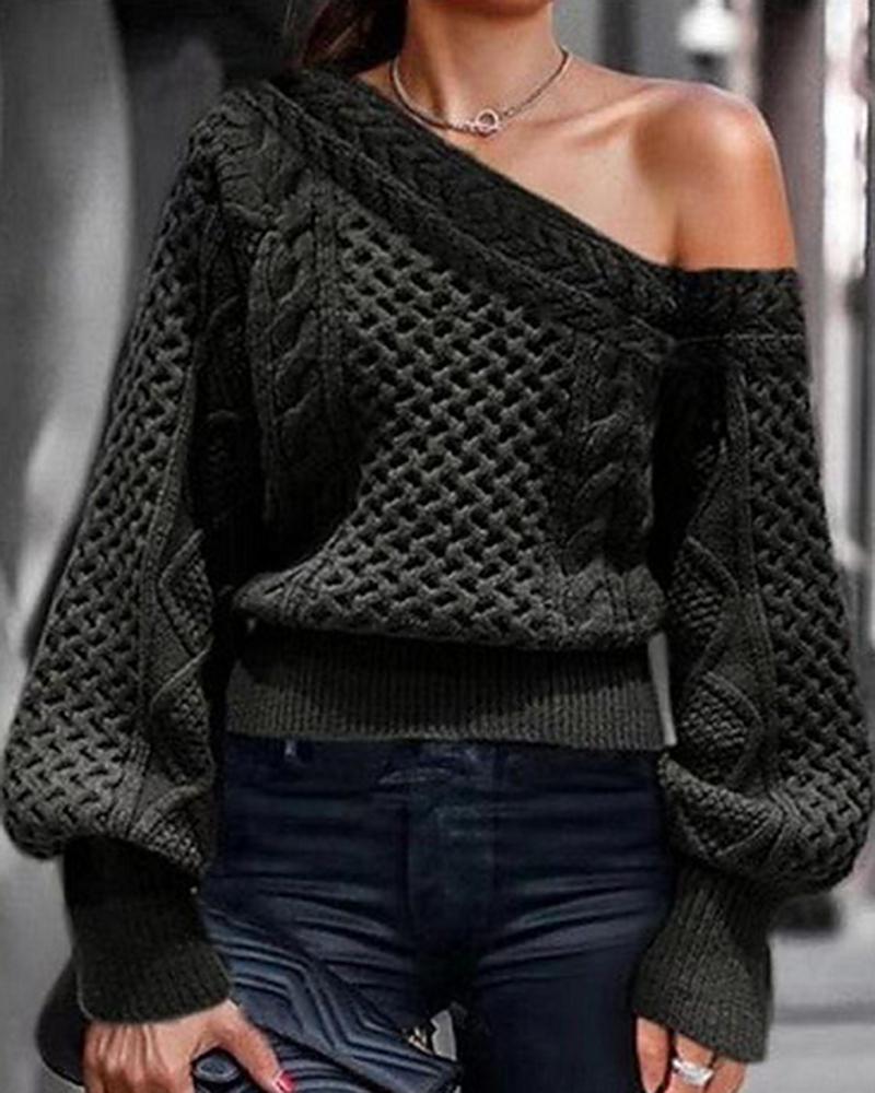 Solid Mixed Knit Lantern Sleeve Asymmetrical Neck Sweater-Pinkami