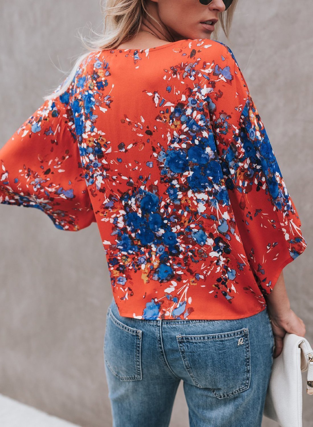 Red Chiffon Floral Print V Neck Half Bow Tie Loose Blouse-Pinkami