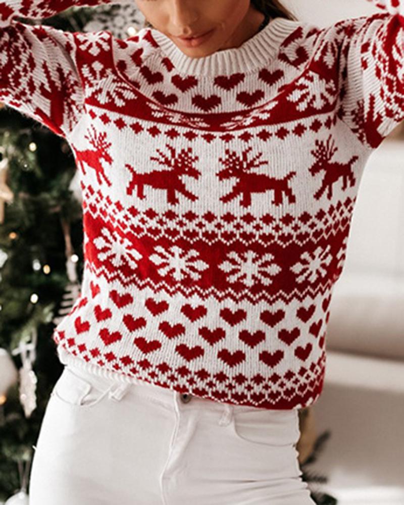 Elk & Snowflake Print Contrast Binding Ribbed Sweater-Pinkami