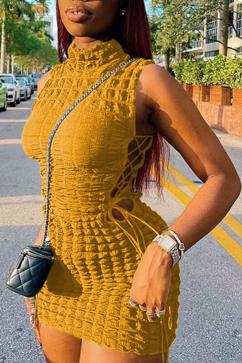 Smocked Lace Up Side Bodycon Dress