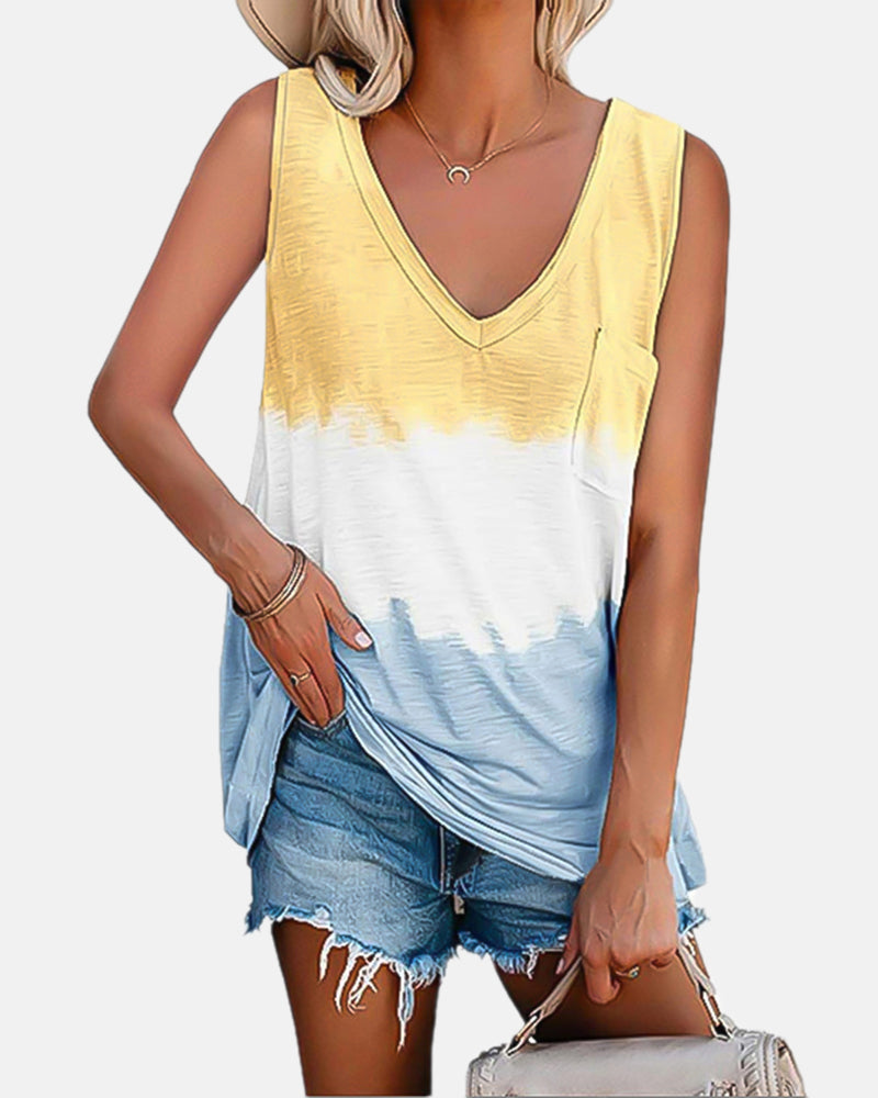 Tie Dye Pocket Front V Neck Tank Top-Pinkami