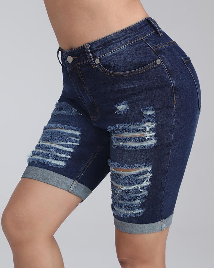 Women Ripped Zip Fly Pocket Detail Rolled Cuff Demin Shorts-Pinkami