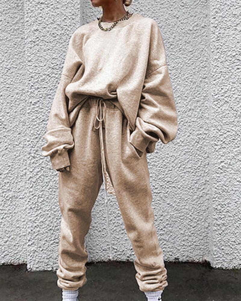 Solid Drawstring Waist Slant Pocket Elastic Hem Sweatshirt & Pants Set-Pinkami