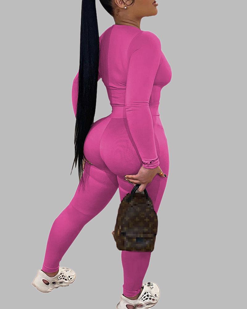 Solid Long Sleeve Scoop Neck Top & Pants Set-Pinkami