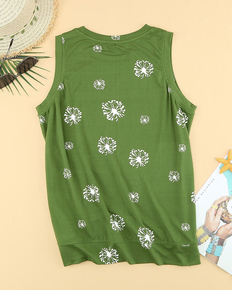 Dandelion Print Split Side Tank Top-Pinkami
