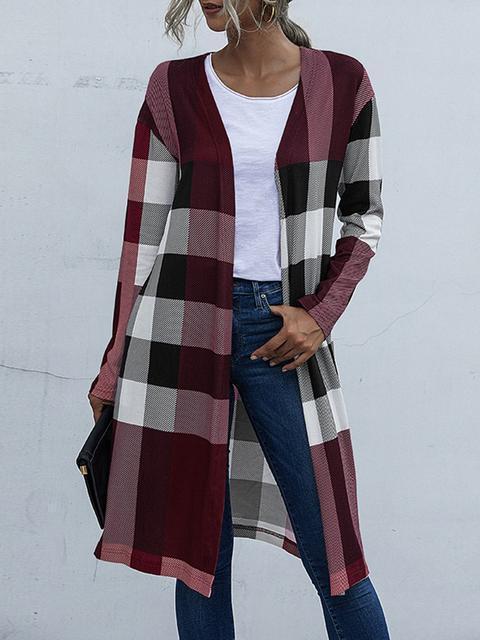 Plaid Print Long Cardigan Coat-Pinkami