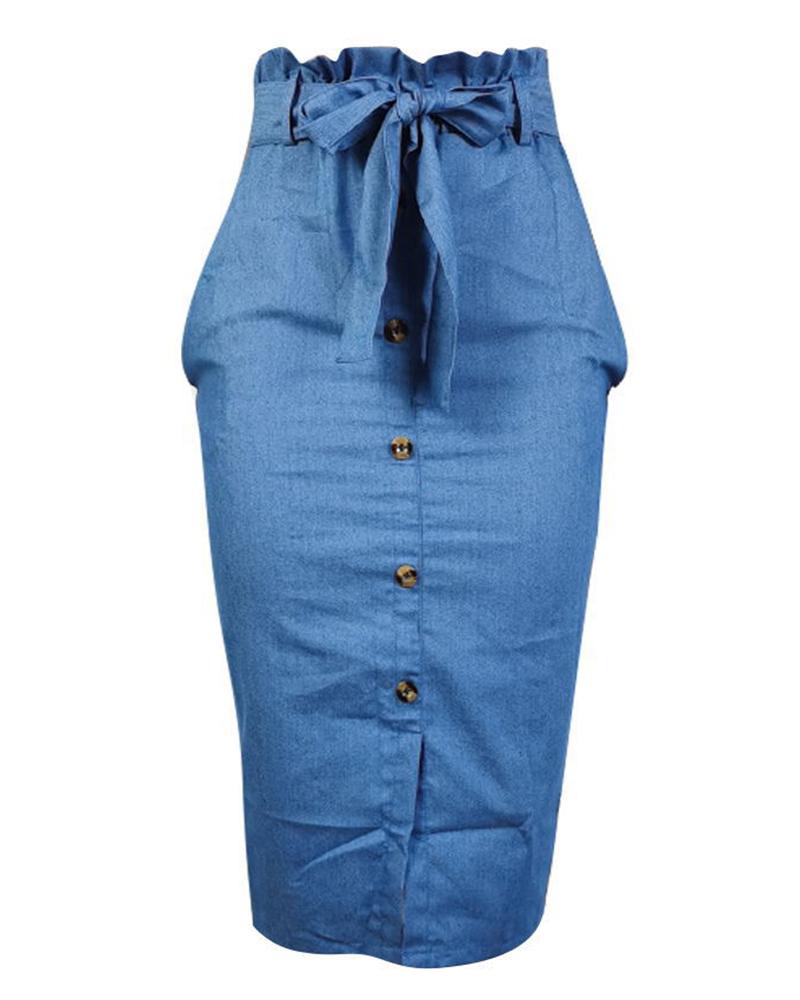 Women Button Fly Belted Pocket Detail Split Hem Paper Bag Waist Skirt-Pinkami