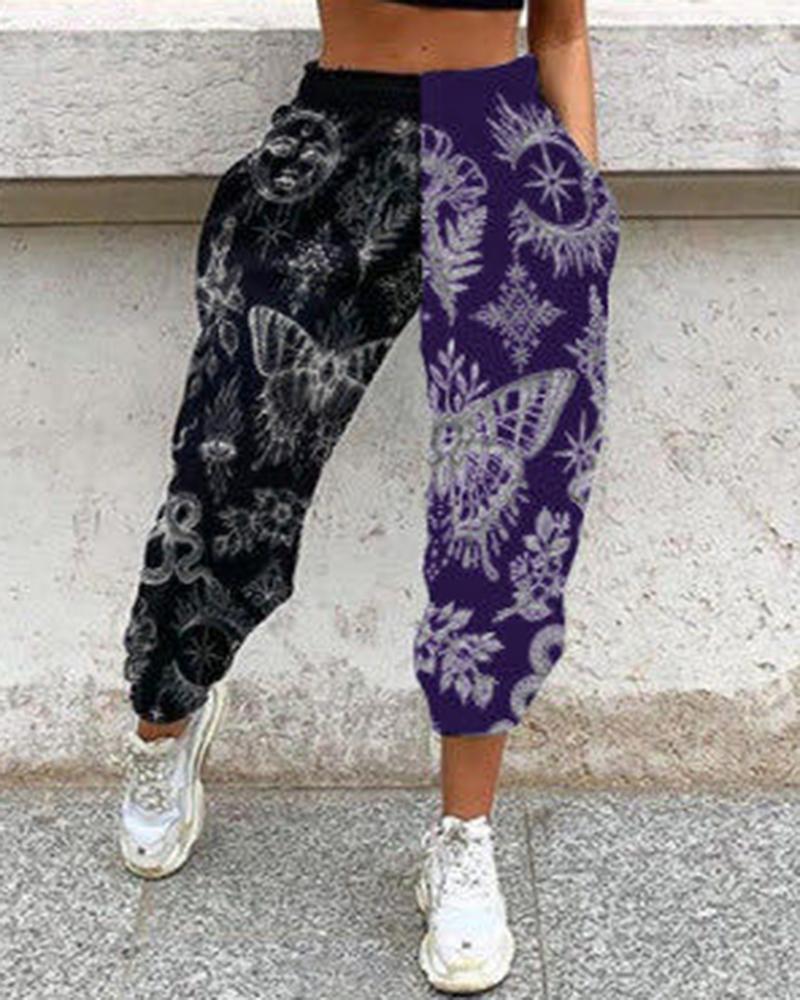 Colorblock & Graphic Print Slant Pocket Sports Pants For Women-Pinkami