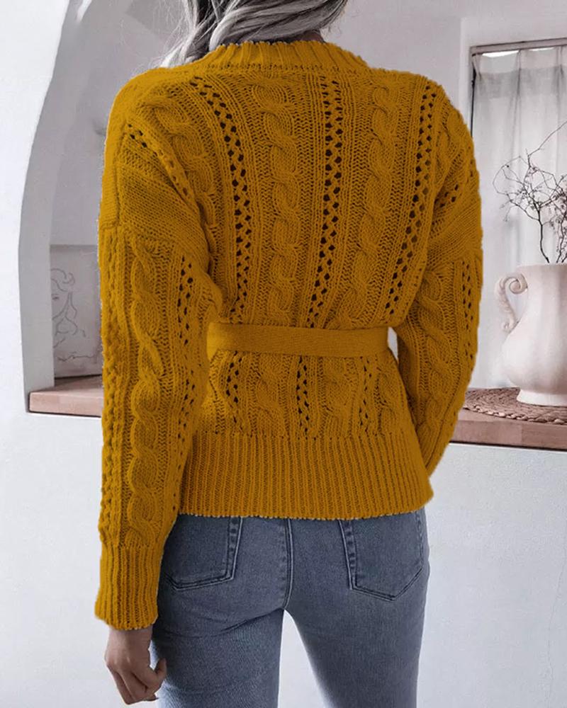 Solid Cable Knit Button Up Self-Tie Sweater-Pinkami