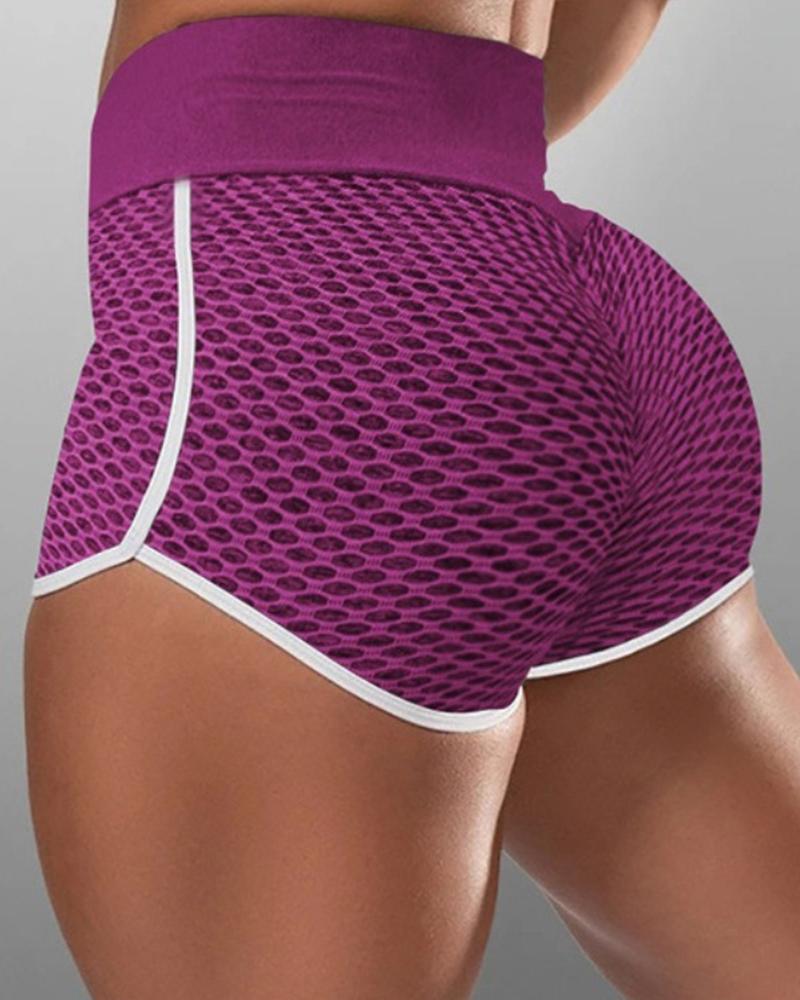 Contrast Binding Textured Sports Shorts-Pinkami