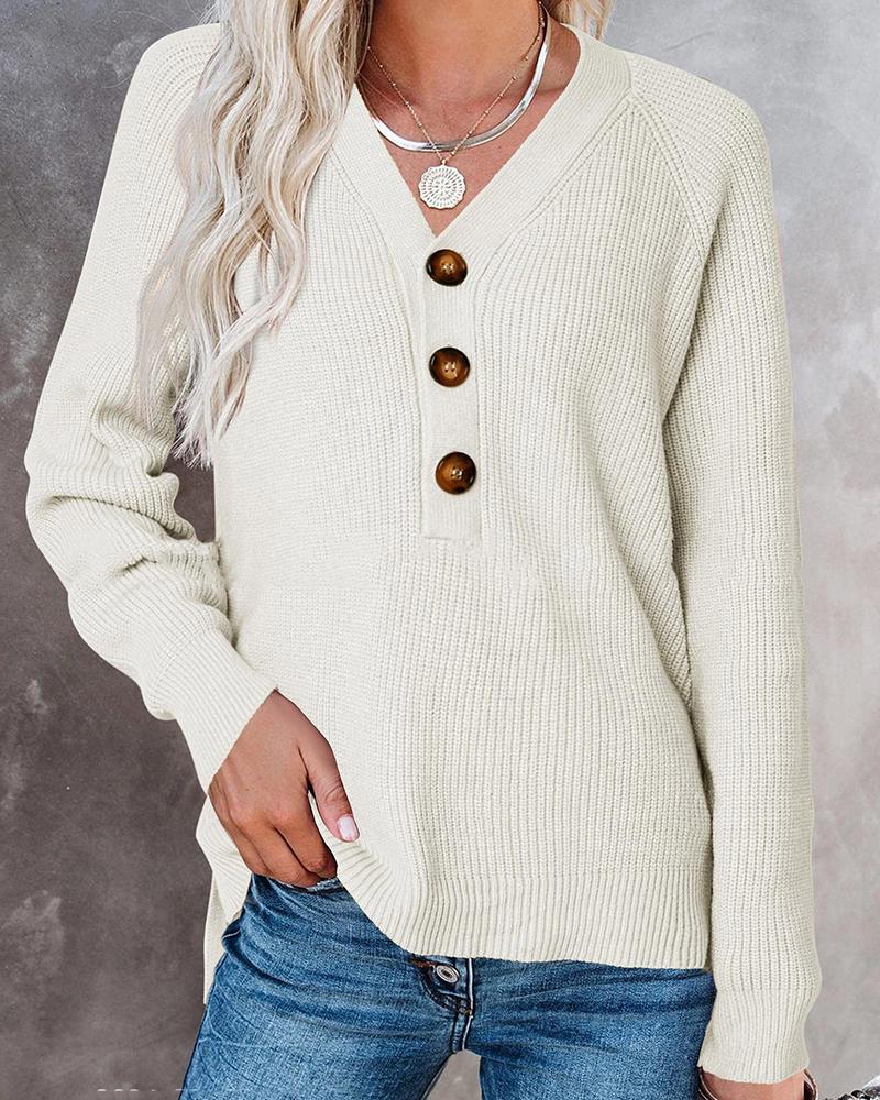 Solid Button Half Chunky Knit V Neck Sweater-Pinkami