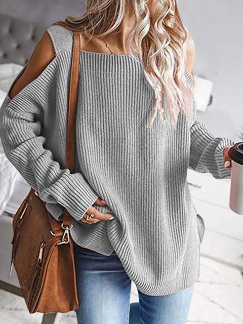 Solid Color Cold shoulder Knit Sweater-Pinkami