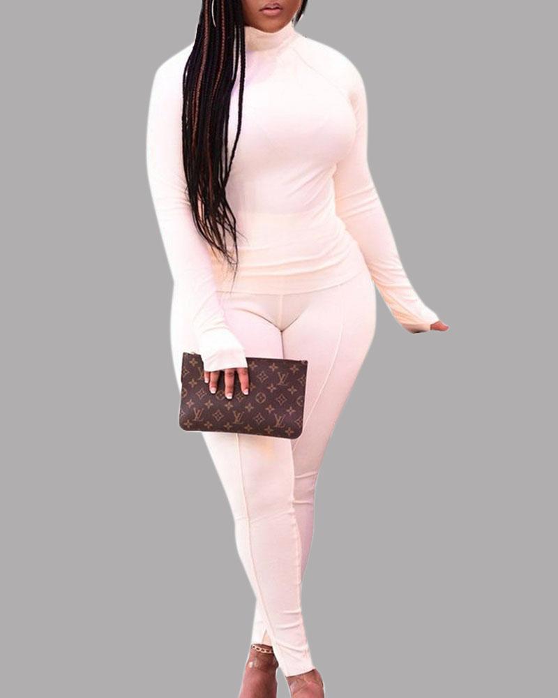 Solid Thumb Hole Mock Neck Top & Pants Set-Pinkami