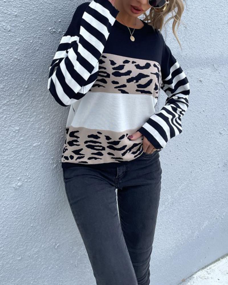 Striped & Leopard Print Round Neck Sweater-Pinkami