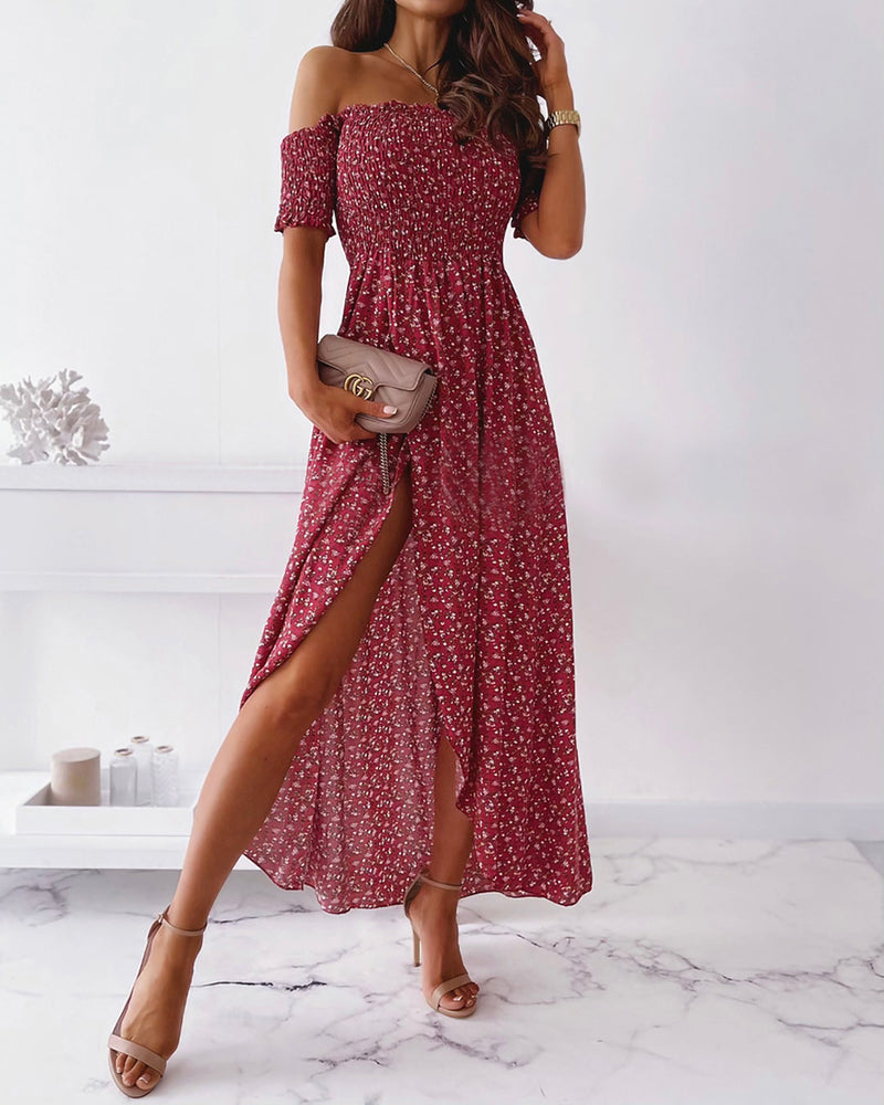 Ditsy Floral Print Shirred Split Thigh Off Shoulder Dress
