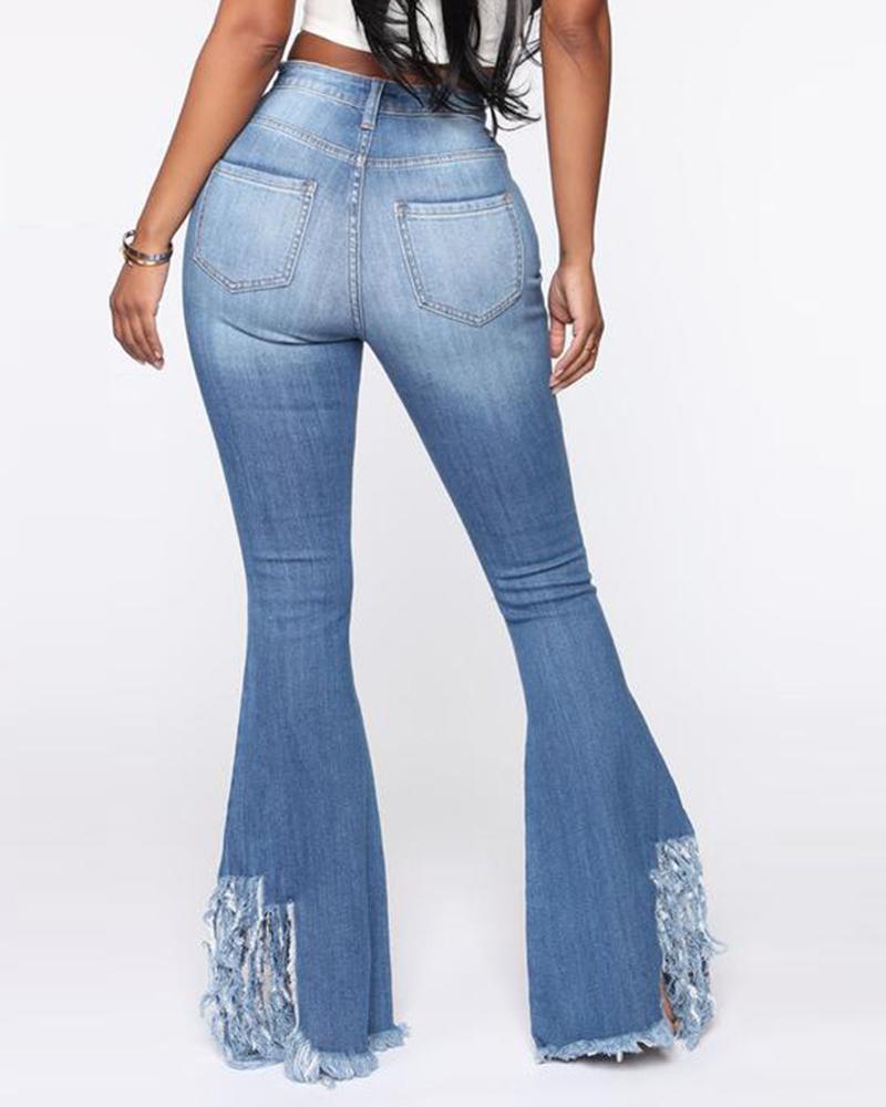 Women Distressed Asymmetrical Fringe Raw Hem Flare Leg High Waist Jeans