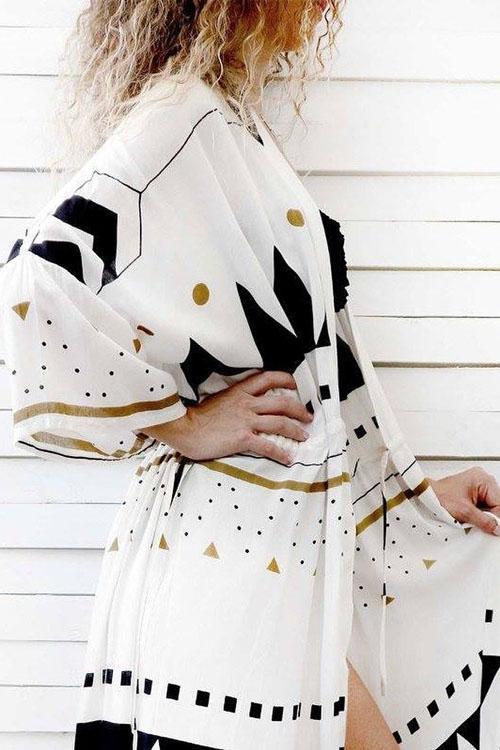 White Geometric Print Drawstring Slit Sexy Beach Cover Up Kimono-Pinkami
