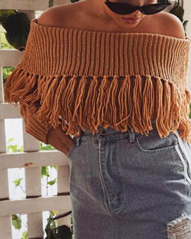 Off Shoulder Fringe Trim Mixed Knit Sweater-Pinkami