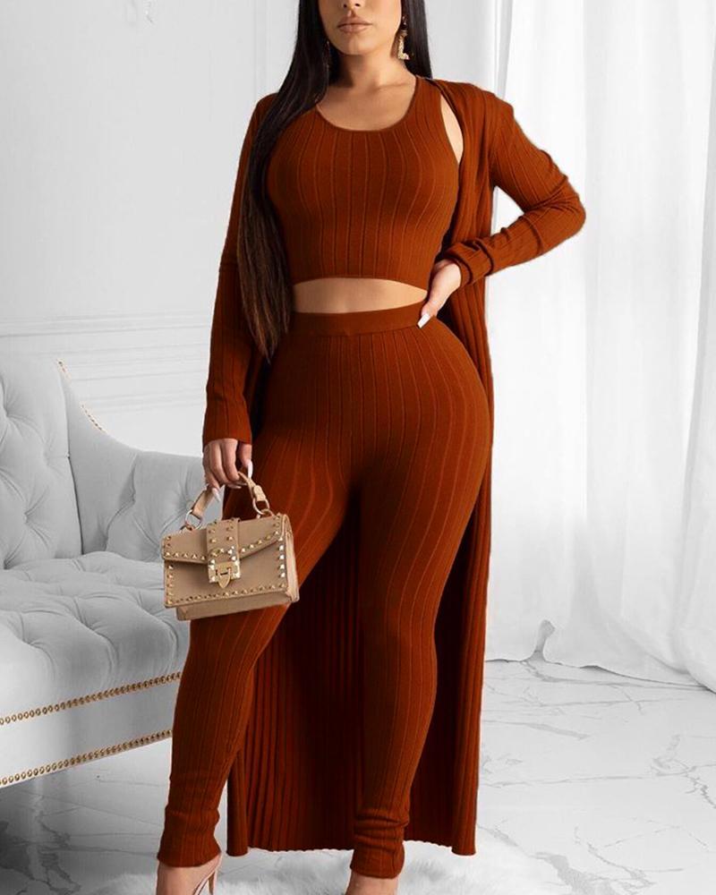 3 Piece Solid Rib-Knit Top & Pants & Cardigan Set
