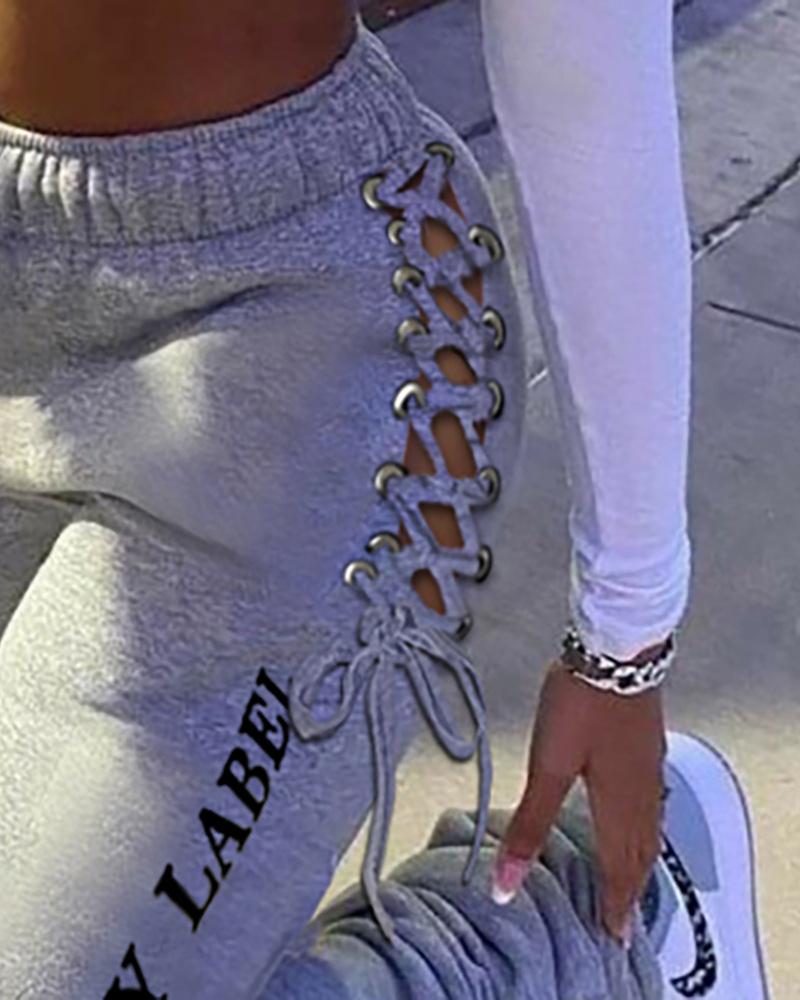 Letter Print Grommet Eyelet Lace Up Side Sports Stacked Pants For Women-Pinkami