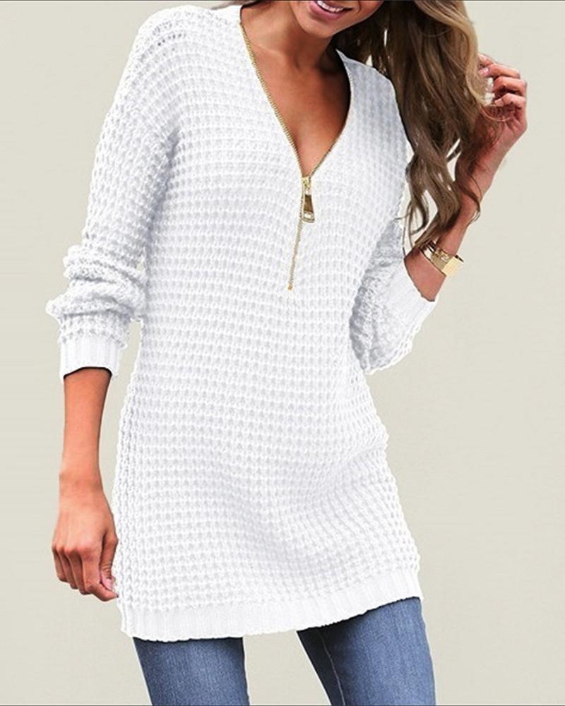 Solid Chunky Knit Zip Front V Neck Sweater-Pinkami