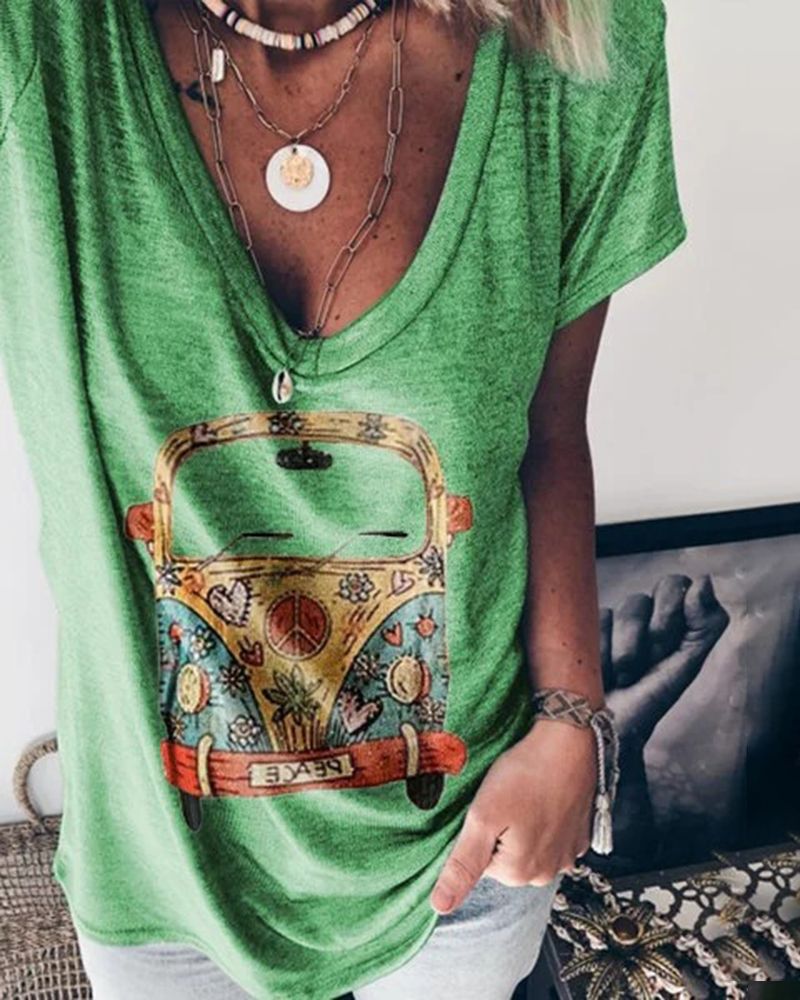 Car Print Marled Knit V Neck T-Shirt-Pinkami
