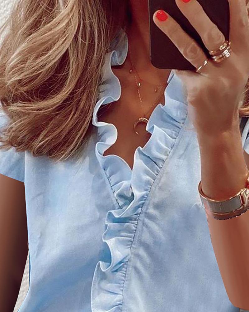 Solid Short Sleeve Ruffles Blouse-Pinkami