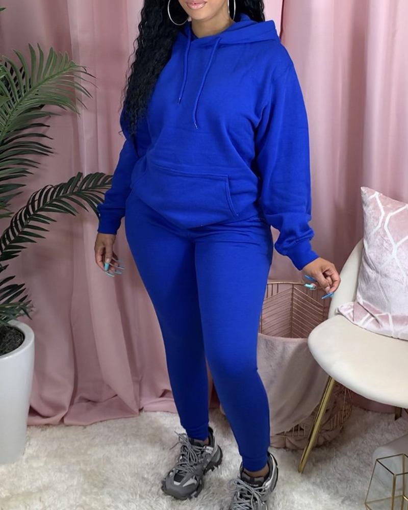 Solid Kangaroo Pocket Drawstring Hoodie & Pants Set-Pinkami