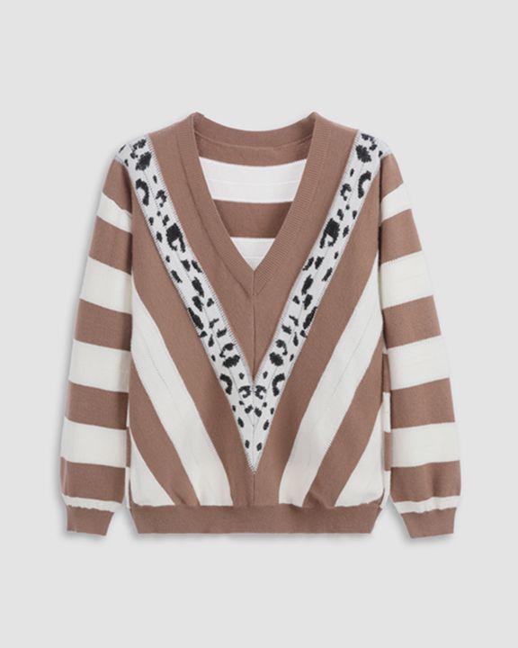 Leopard Print Drop Shoulder V Neck Sweater-Pinkami