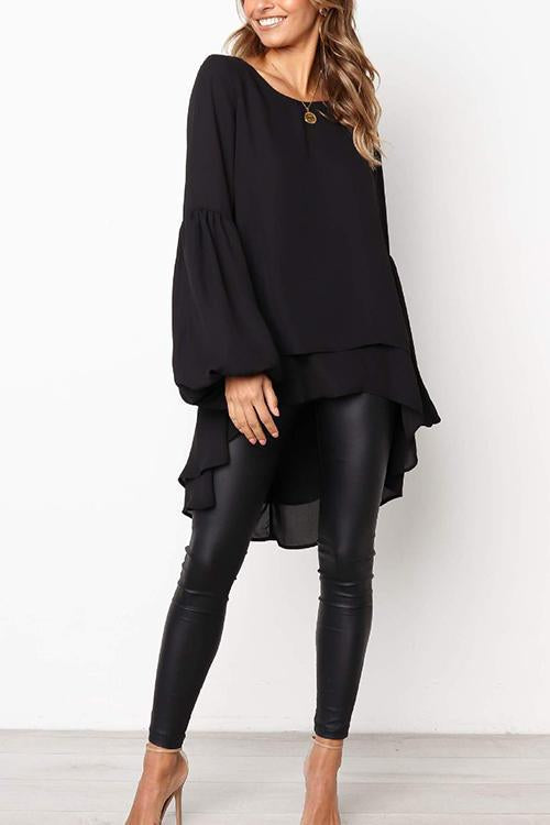 Puff Sleeve Lrregular Hem Solid Color Long Sleeve T-Shirt-Pinkami