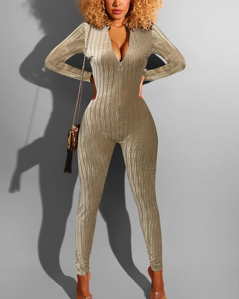 Chevron Pattern Mesh Insert Zip Up Casual Jumpsuit