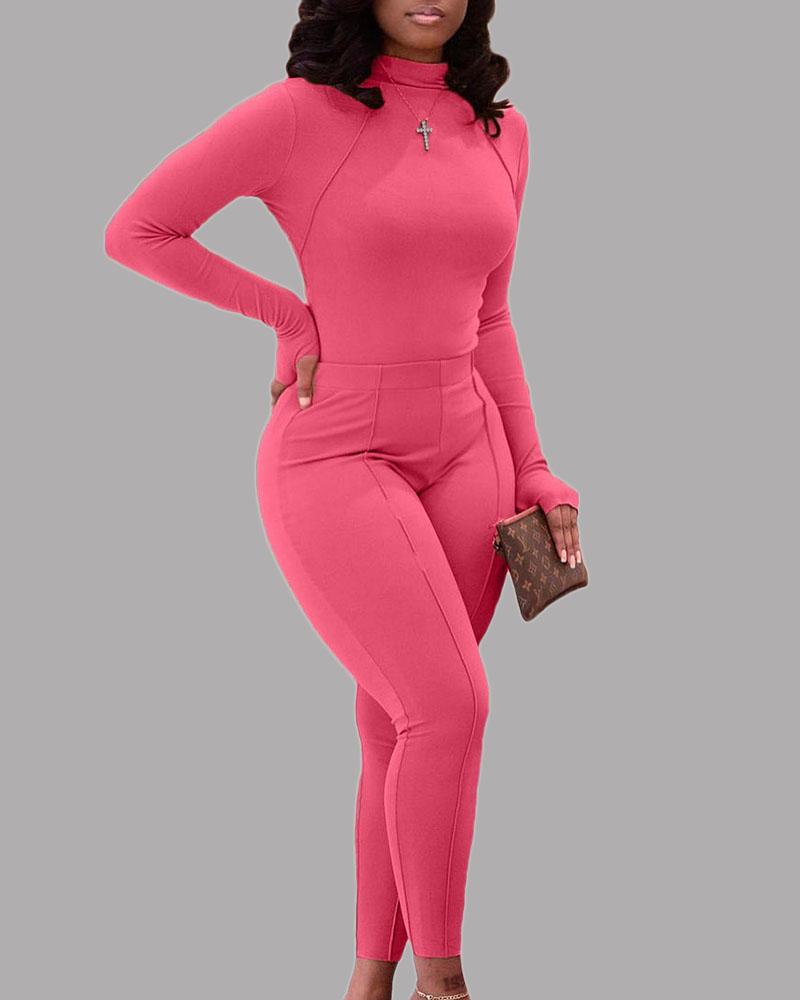 Solid Thumb Hole Mock Neck Top & Pants Set-Pinkami