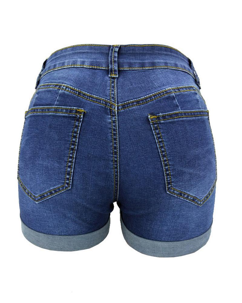 Women Low Waist Roll Up Hem Ripped Denim Shorts-Pinkami