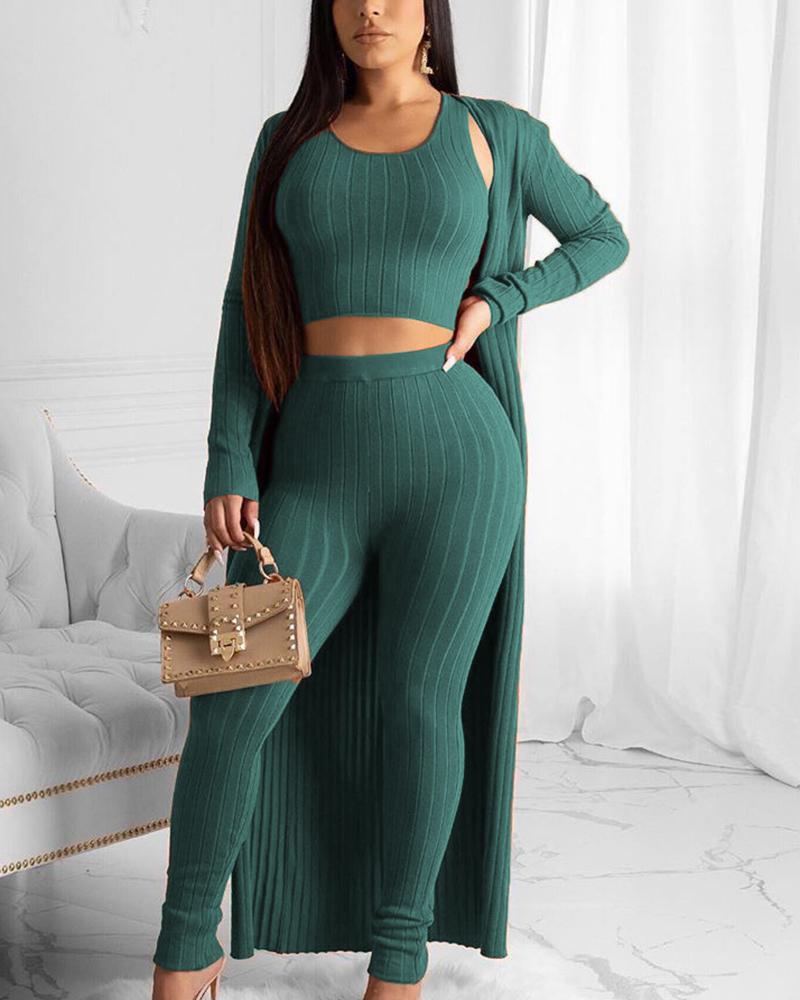 3 Piece Solid Rib-Knit Top & Pants & Cardigan Set