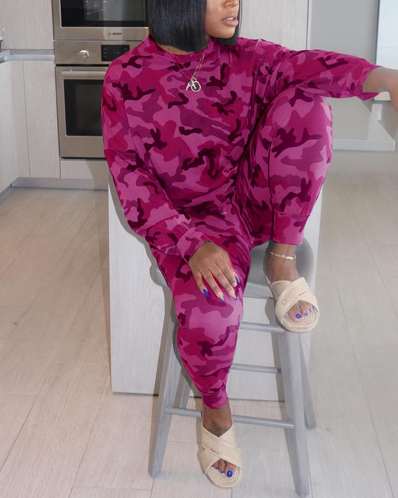 Camo Print Drawstring Pocket Detail Top & Pants Set-Pinkami