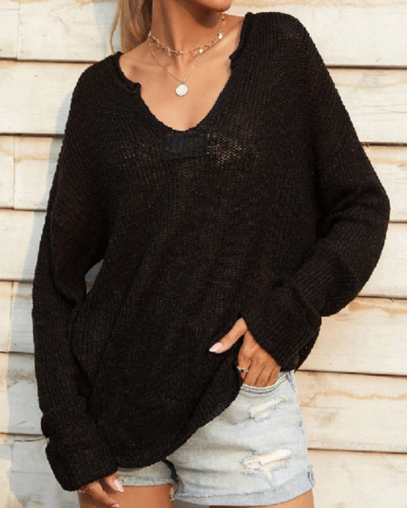 Chunky Knit V Neck Long Sleeve Sweater-Pinkami
