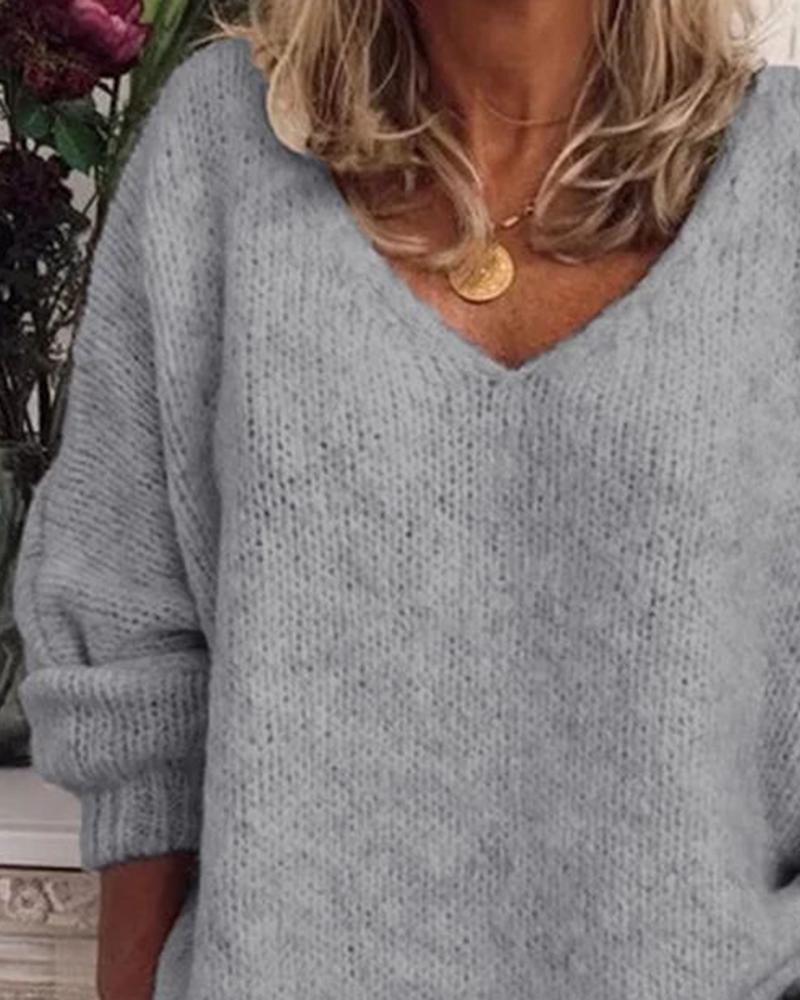 Solid Chunky Knit V Neck Sweater-Pinkami