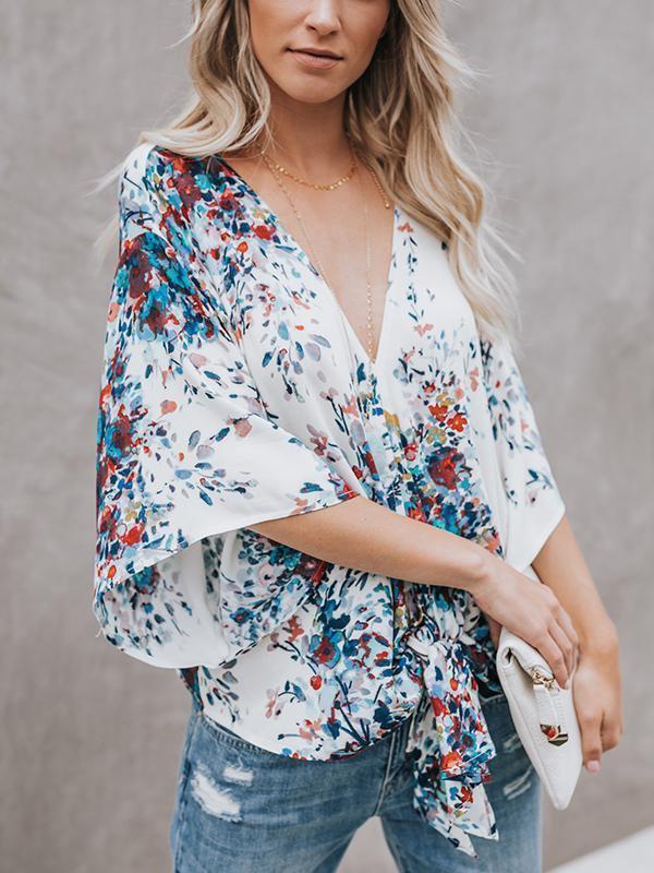 Red Chiffon Floral Print V Neck Half Bow Tie Loose Blouse-Pinkami