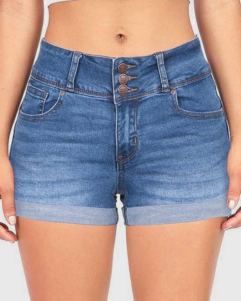 Women High Waist Button Front Roll Up Hem Denim Shorts-Pinkami