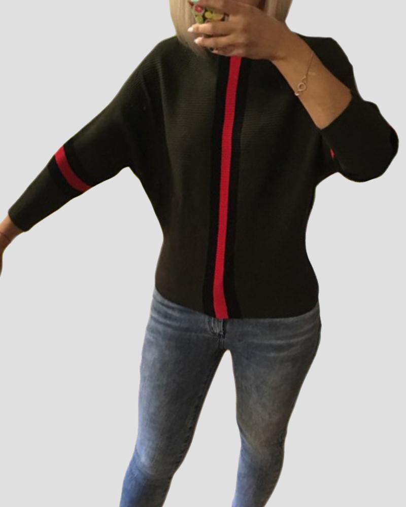 Striped Batwing Sleeve Rib-knit Sweater-Pinkami