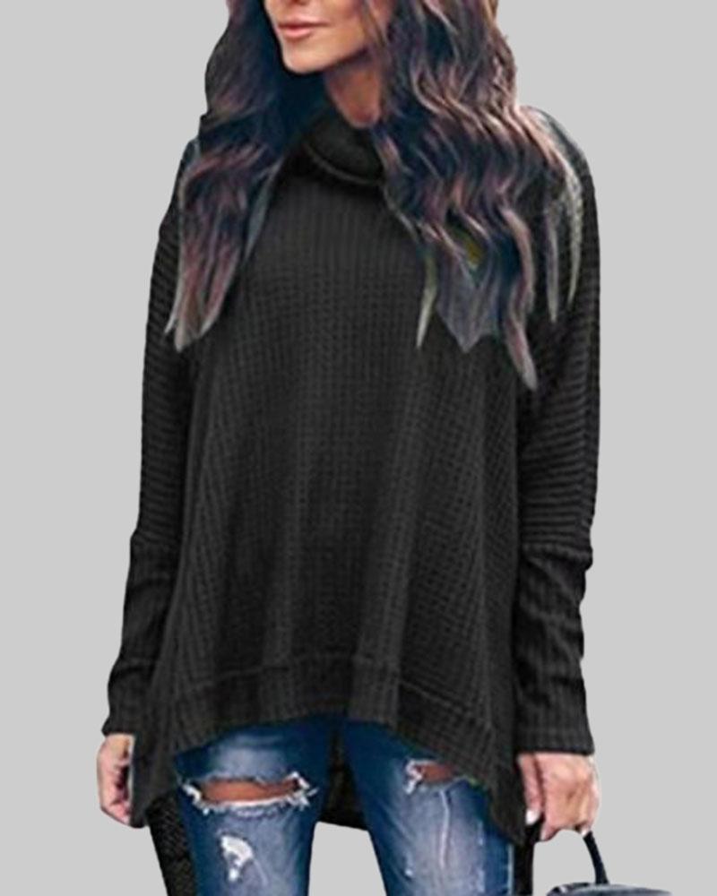 Solid Split Hem High Neck Sweater-Pinkami