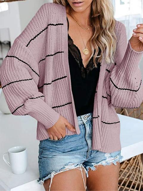 Striped Long Sleeve Loose Sweater Cardigan-Pinkami